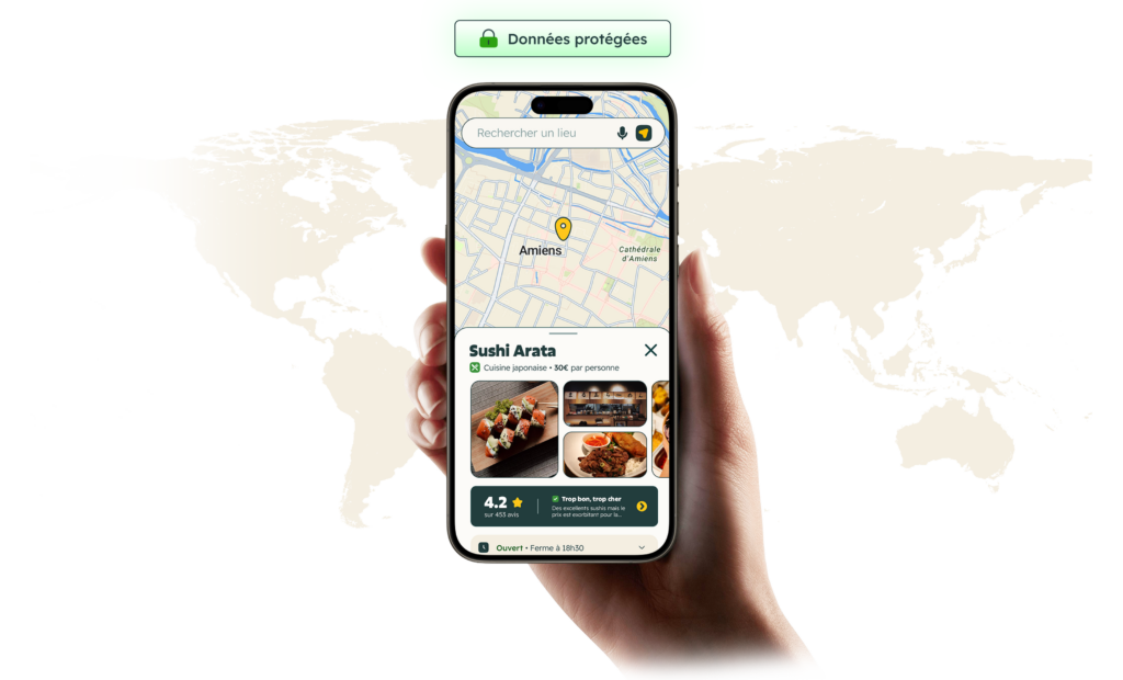 Un utilisateur sur téléphone trouve facilement un restaurant proche de chez lui et ses données personnelles sont sécurisées grâce à OpenMappes